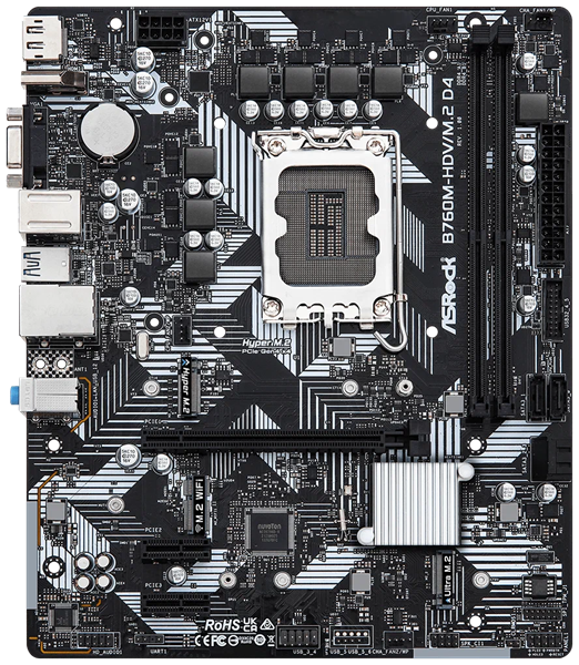 ASROCK B760M-HDV/M.2 D4, LGA1700, B760, 2*DDR4, 4*SATA, 2*M.2, 3*USB 3.2, 2*USB 2.0, Type-C, 1*PCIx16, 2*PCIx1, 1xM.2 (Key E), HDMI+D-Sub+DP, mATX