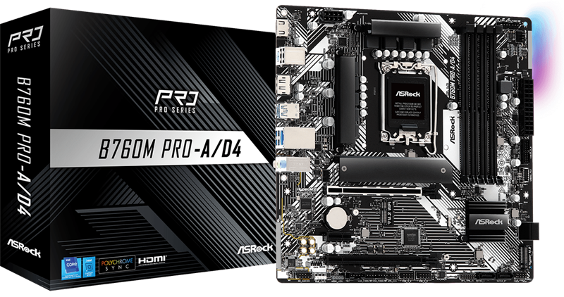 ASROCK B760M PRO-A/D4, LGA1700, B760, 4*DDR4,  4*SATA, 2*M.2, 3*USB 3.2, 2*USB 2.0, Type-C, 2*PCIx16, 1*PCIx1, 1*M.2 (Key E), HDMI+DP, mATX