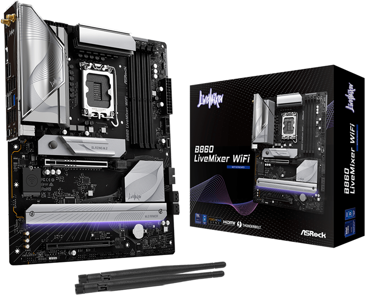 ASROCK B860 LIVEMIXER WIFI, LGA1851, B860, 4*DDR5, 4*SATA, 3*M.2, 6*USB 3.2, 6*USB 2.0, Type-C, 2*PCIx16, 1*M.2 (Key E), HDMI, ATX