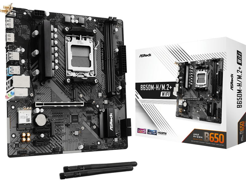 ASROCK B650M-H/M.2+WIFI, AM5, B650, 2*DDR5, 4*SATA, 2*M.2, 3*USB 3.2, 2*USB 2.0, Type-C,  1*PCIx16, 2*PCIx1, 1xM.2 (Key E), HDMI+DP, mATX