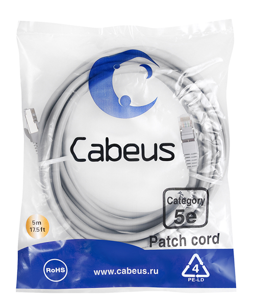 Патч-корд Cabeus PC-FTP-RJ45-Cat.5e-5m  FTP, кат. 5е, 5м,  экранированный, серый
