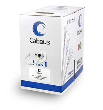 Cabeus UTP-4P-Cat.5e-SOLID-GY Кабель витая пара UTP (U/UTP), категория 5e, 4 пары (24 AWG), одножильный, серый (305 м), системная гарантия 25 лет.