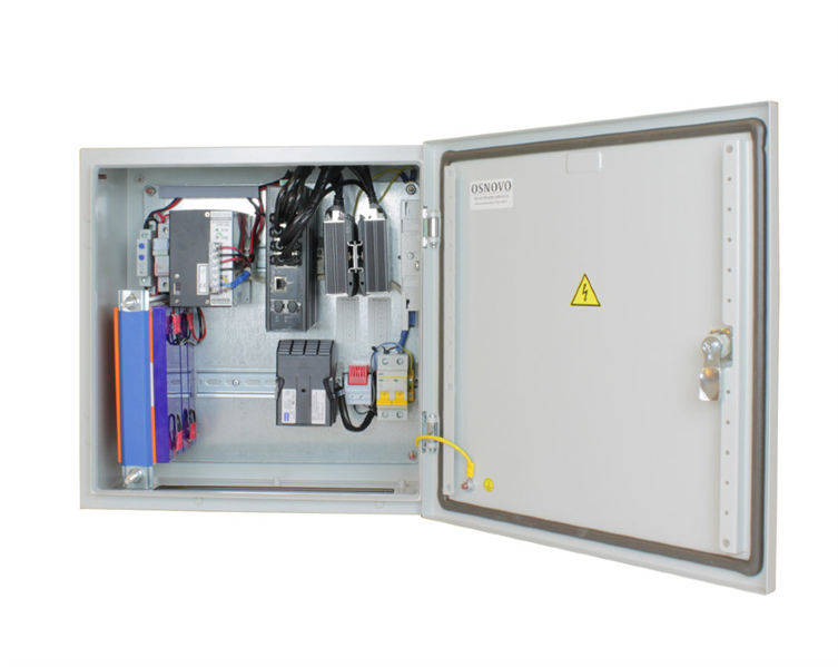 OSNOVO OS-44TB3(SW-60812/I) Уличный коммутатор с термостабилизацией, грозозащитой и резервным питанием на базе уличной станции OSNOVO OS-44TB1. Порты: 6 x FE (10/100Base-T) с PoE (до 30W) + 2 x FE (10