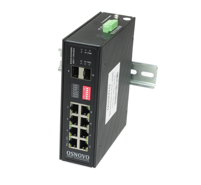 OSNOVO SW-80802/I(Port 90W,300W) Промышленный HiPoE коммутатор Gigabit Ethernet на 8GE PoE + 2 GE SFP порта. Порты: 1 x GE (10/100/1000Base-T) с PoE BT (до 90W) + 7 x GE (10/100/1000Base-T) с PoE (до