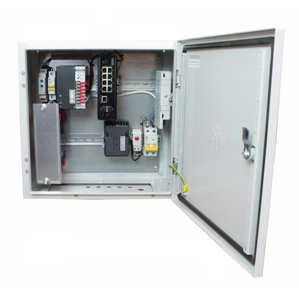 OSNOVO OS-44TB1(SW-60812/I) Уличный коммутатор с термостабилизацией и резервным питанием на базе уличной станции OSNOVO OS-44TB1. Порты: 6 x FE (10/100Base-T) с PoE (до 30W) + 2 x FE (10/100Base-T) с