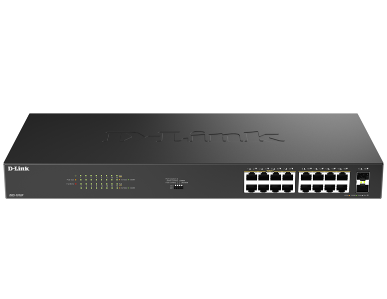 D-Link Конфигурируемый PoE-коммутатор, 16х1000Base-T PoE, 2x1000Base-X SFP, PoE-бюджет 240 Вт, дальность PoE до 250 м, DIP-переключатель, корпус металл