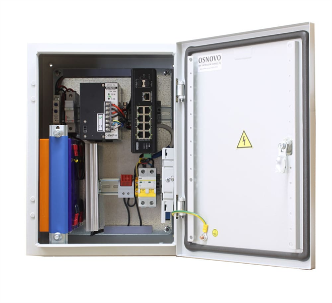 OSNOVO OS-34TB1(SW-60812/I) Уличный коммутатор с термостабилизацией и резервным питанием на базе уличной станции OSNOVO OS-34TB1. Порты: 6 x FE (10/100Base-T) с PoE (до 30W) + 2 x FE (10/100Base-T) с