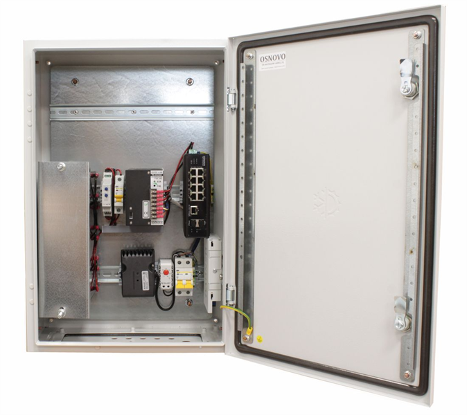 OSNOVO OS-46TB1(SW-60812/I) Уличный коммутатор с термостабилизацией и резервным питанием на базе уличной станции OSNOVO OS-46TB1. Порты: 6 x FE (10/100Base-T) с PoE (до 30W) + 2 x FE (10/100Base-T) с