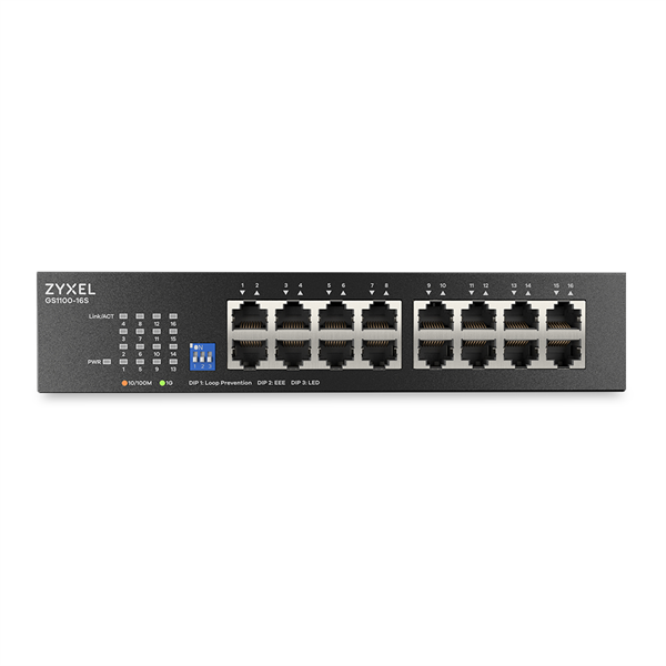Коммутатор Zyxel GS1100-16S, 16xGE, rack 19", DIP-switch, бесшумный