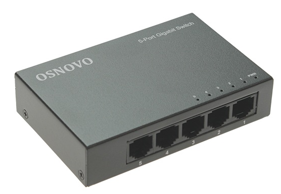 OSNOVO SW-5G Неуправляемый коммутатор Gigabit Ethernet на 5 портов. Порты: 5 x GE (10/100/1000Base-T). Auto MDI/MDIX Встроенная грозозащита 2кВ. В комплекте БП DC12V(1A). Размеры (ШхВхГ): 100 x 23 x 6
