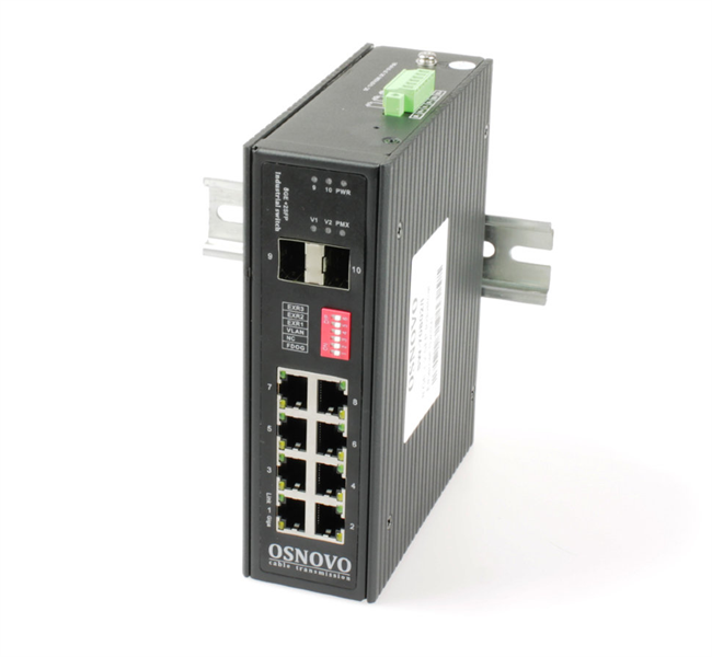 OSNOVO SW-70802/I Промышленный коммутатор Gigabit Ethernet на 10 портов. Порты: 8 x GE (10/100/1000Base-T) + 2 x GE SFP (1000Base-X). Поддержка режима CCTV: Увеличение расстояния передачи данных и пит