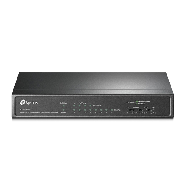 TP-Link TL-SF1008P, 8-Port 10/100 Mbps Desktop Switch with 4-Port PoE+, 66 W, 250m