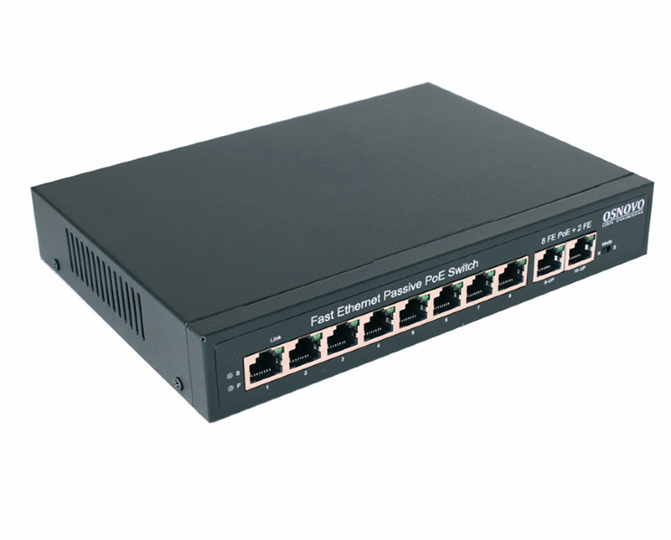 OSNOVO SW-21000/A(120W) Passive PoE коммутатор Fast Ethernet на 10 портов. Порты: 8 х FE (10/100 Base-T, 52V 4,5(+) 7,8(–)) совместимы с PoE (IEEE 802.3af/at), 2 x FE (10/100 Base-T) Uplink. Совместим