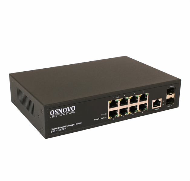 OSNOVO SW-70802/L2 Управляемый (L2+) коммутатор Gigabit Ethernet на 10 портов.Порты: 8 x GE (10/100/1000Base-T) + 2 x GE (SFP 1000Base-X), Консольный порт; Уровень управления L2 (Full managed); Поддер