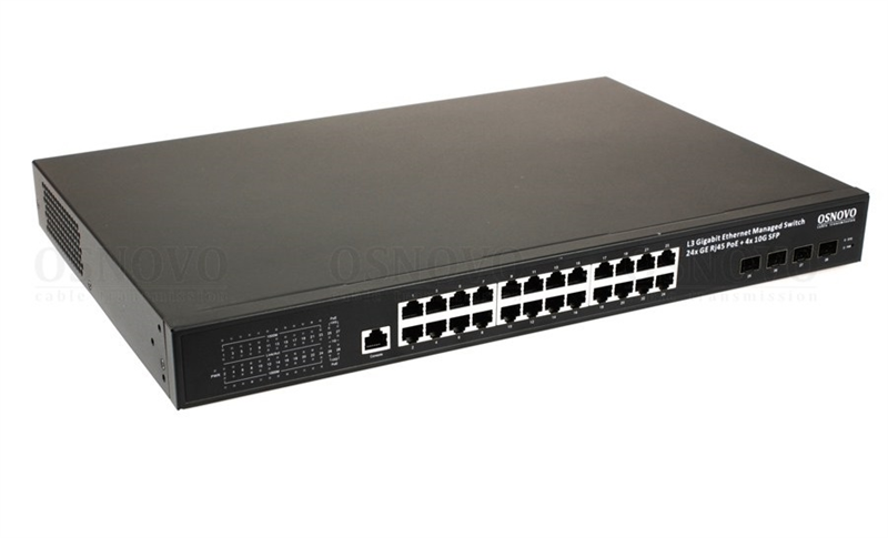 OSNOVO SW-24G4X-1L Управляемый L3 PoE коммутатор на 24xGE RJ-45 c PoE + 4х10G SFP+ порта. Порты: 2 x GE (10/100/1000 Base-T) с PoE (до 90W, A+B) + 22 x GE (10/100/1000 Base-T)  с PoE (до 30W), 4 x 1G/