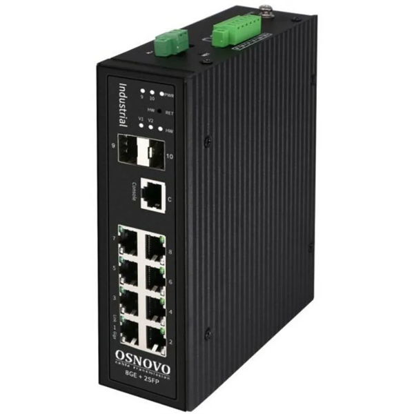 OSNOVO SW-70802/IL Промышленный управляемый (L2+) коммутатор Gigabit Ethernet на 8 GE Rj45 + 2 GE SFP порта. Порты: 8 x GE (10/100/1000Base-T) + 2 x GE SFP (1000Base-X). Уровень управления L2 (Full Ma