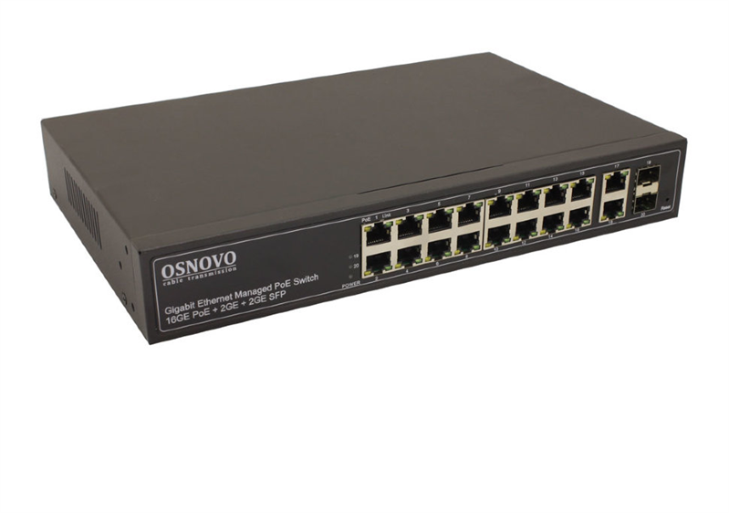 OSNOVO SW-8182/L(300W) Управляемый L2+ PoE коммутатор Gigabit Ethernet на 16 RJ45 PoE + 2 x RJ45 + 2 GE SFP портов. Порты: 2 x GE (10/100/1000Base-T) с PoE (до 90W, A+B) + 14 x GE (10/100/1000Base-T)