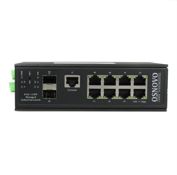 OSNOVO SW-70802/ILS Промышленный управляемый (L2+) коммутатор Gigabit Ethernet на 8GE RJ45 + 2 GE SFP порта с функцией мониторинга температуры/ влажности/ напряжения. Порты: 8 x GE (10/100/1000Base-T)