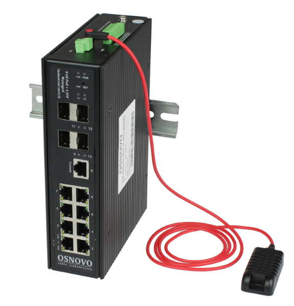 OSNOVO SW-80804/ILS(port 90W,300W) Промышленный управляемый (L2+) HiPoE коммутатор Gigabit Ethernet на 8GE PoE + 4GE SFP порта. С функцией мониторинга температуры/влажности/напряжения. Порты: 1 x GE (