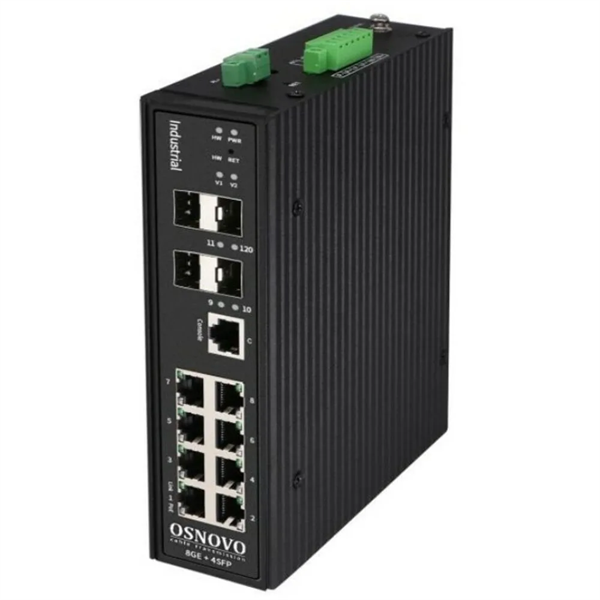 OSNOVO SW-70804/ILS Промышленный управляемый (L2+) коммутатор Gigabit Ethernet на 8GE RJ45 + 4 GE SFP порта с функцией мониторинга температуры/ влажности/ напряжения. Порты: 8 x GE (10/100/1000Base-T)