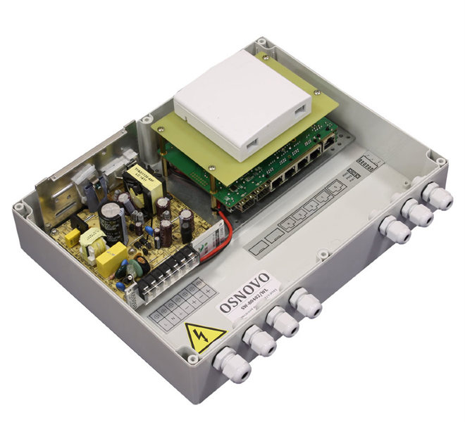 OSNOVO SW-80402/WL Уличный управляемый (L2+) PoE коммутатор на 6 портов. Порты: 4 x GE (10/100/1000Base-T) с PoE (до 30W) + 2 x GE SFP (1000Base-X). Соответствует стандартам PoE IEEE 802.3af/at. Автом
