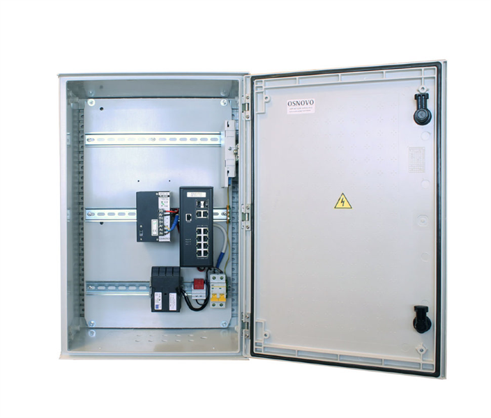 OSNOVO OSP-46T1(SW-80822/ILR) Уличный управляемый (L2+) коммутатор на 10 портов с термостабилизацией на базе уличной станции OSNOVO OSP-46T1. Порты: 8 x GE (10/100/1000Base-T) с PoE (до 30W) + 2 x GE
