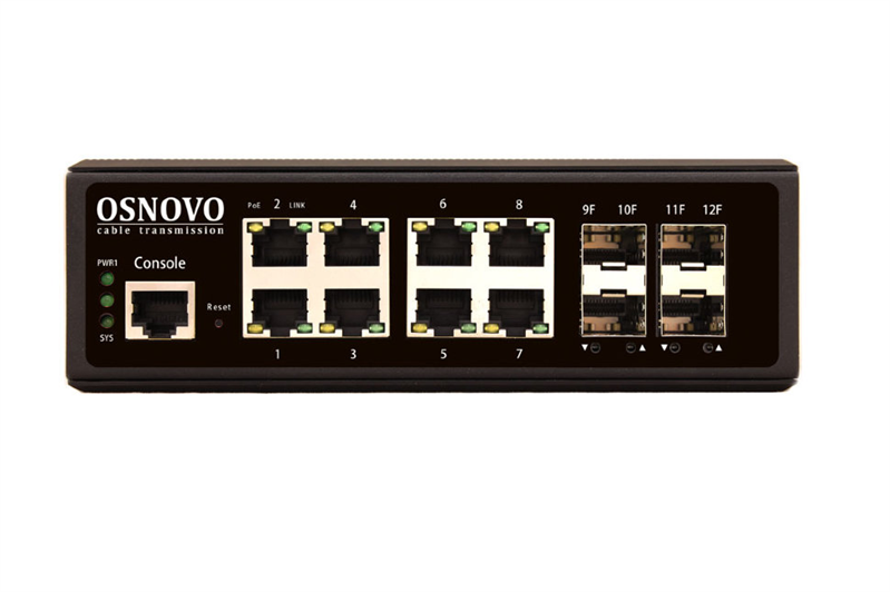 OSNOVO SW-70804/IL Промышленный управляемый (L2+) коммутатор Gigabit Ethernet на 8 GE Rj45 + 4 GE SFP порта. Порты: 8 x GE (10/100/1000Base-T) + 4 x GE SFP (1000Base-X). Уровень управления L2 (Full Ma
