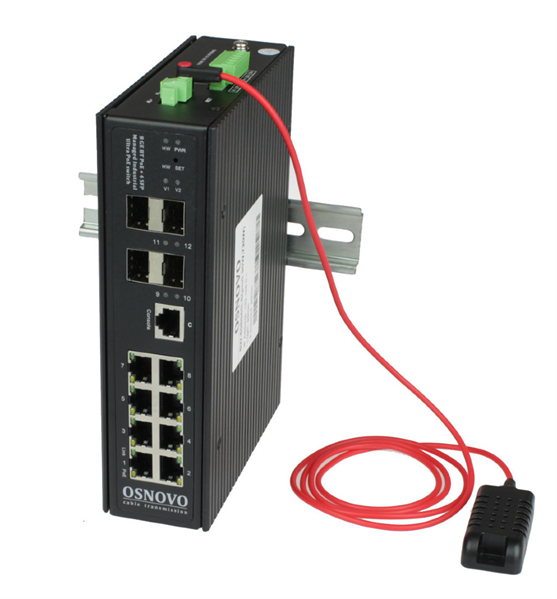OSNOVO SW-80804/ILS(port 90W,720W) Промышленный управляемый (L2+) Ultra PoE коммутатор Gigabit Ethernet на 8GE PoE + 4 GE SFP порта с функцией мониторинга температуры/ влажности/ напряжения. Порты: 8