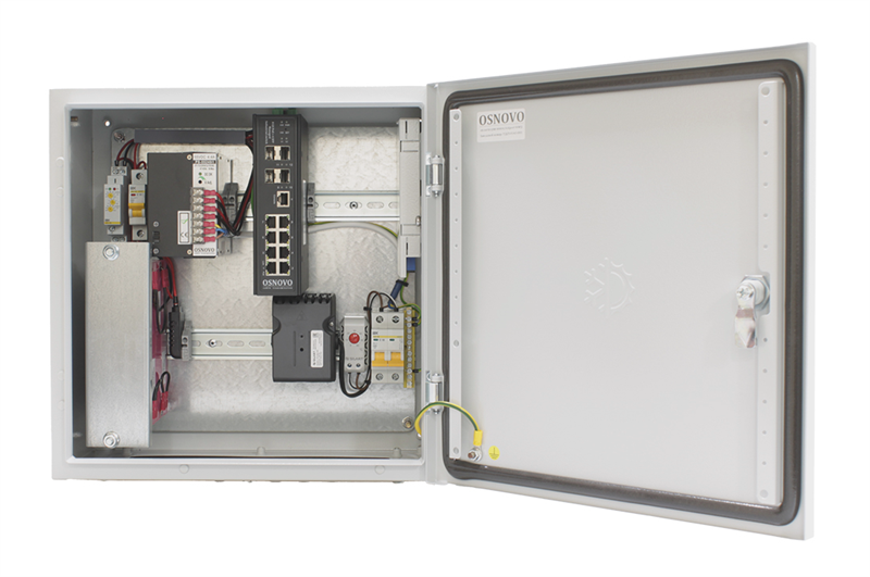 OSNOVO OS-44TB1(SW-80804/ILS(port 90W)) Уличный управляемый (L2+) коммутатор на 12 портов с термостабилизацией, резервным питанием и функцией мониторинга температуры/влажности/напряжения на базе уличн