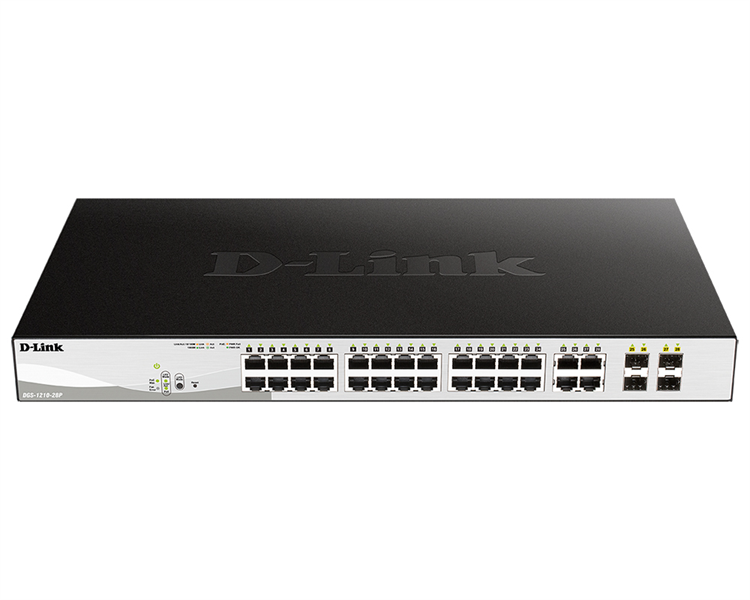 D-Link Управляемый L2 PoE-коммутатор, 24x1000Base-T PoE, 4xCombo 1000Base-T/SFP, PoE-бюджет 193 Вт, защита от статического электричества до 6 кВ, CLI