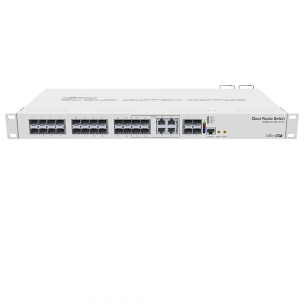 MikroTik Cloud Router Switch 328-4C-20S-4S+RM with 800 MHz CPU, 512MB RAM, 24x SFP cages, 4xSFP+ cages, 4x Combo ports (1xGbit LAN or SFP), RouterOS L5 or SwitchOS (dual boot), 1U rackmount case, Dual