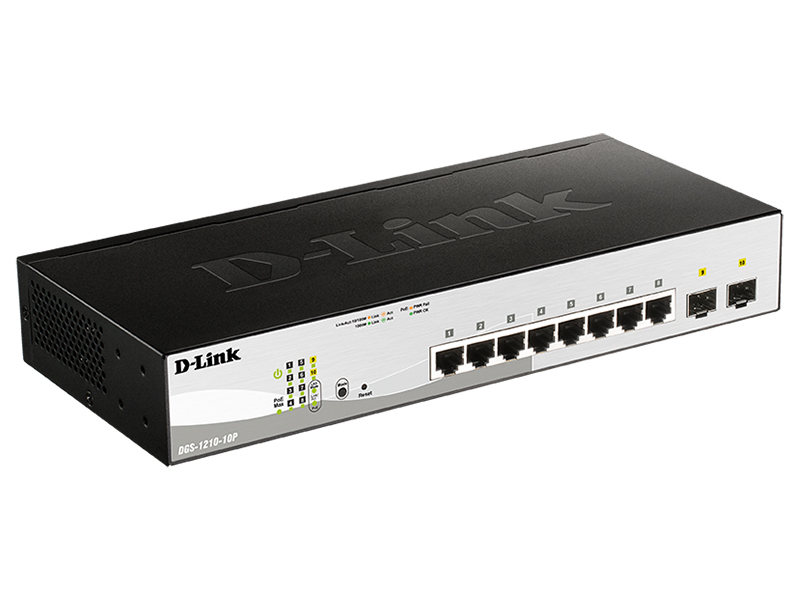 D-Link Управляемый L2 PoE-коммутатор, 8x1000Base-T PoE, 2x1000Base-X SFP, PoE-бюджет 65 Вт, защита от статического электричества до 6 кВ, CLI