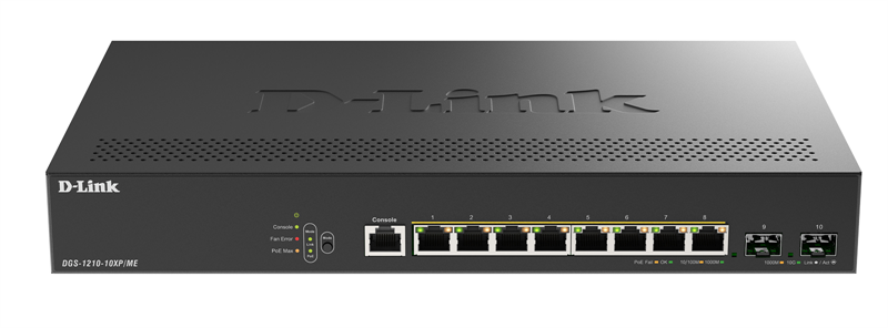 D-Link Управляемый L2 коммутатор, 8x1000Base-T, 2x10GBase-X SFP+, защита от статического электричества до 6 кВ, CLI, консольный порт RJ-45, RPS, поддержка Dying Gasp