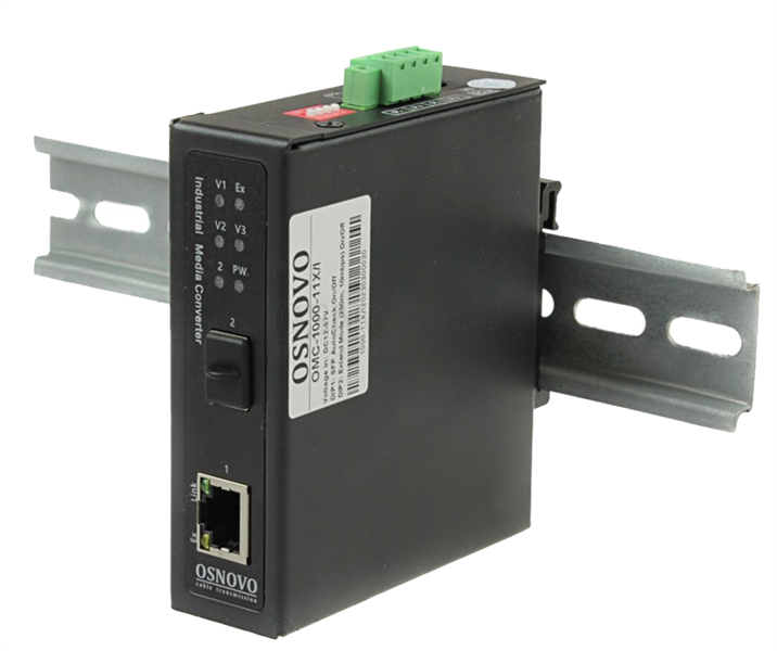 OSNOVO OMC-1000-11HX/I Промышленный компактный медиаконвертер Gigabit Ethernet с поддержкой PoE. Порты: 1 x GE (10/100/1000Base-T) с PoE (до 30W), 1 x GE SFP (100/1000Base-X). Вход для резервного пита