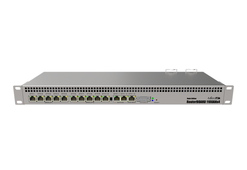 MikroTik RouterBOARD 1100AHx4 Dude Edition with Annapurna Alpine AL21400 Cortex A15 CPU (4-cores, 1.4GHz per core), 1GB RAM, 13xGbit LAN, 60GB M.2 drive, RouterOS L6, 1U rackmount case, Dual PSU