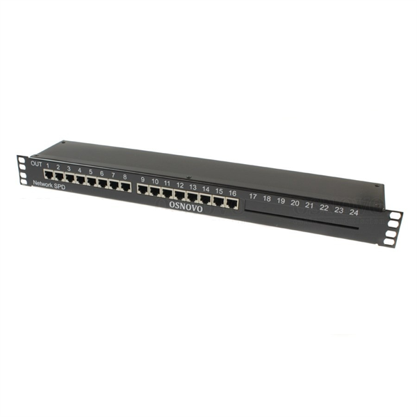 OSNOVO SP-IP16/1000PR 1U устройство грозозащиты для локальной вычислительной сети на 16 портов (скорость до 1000 Мб/с) с защитой линий PoE (af/at, методы A + B, контакты 1/2, 3/6, 4/5, 7/8). Двухступе
