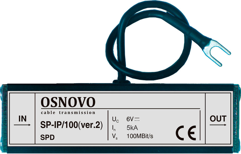 OSNOVO SP-IP/100(ver.2) Устройство грозозащиты для локальной вычислительной сети (скорость до 100 Мб/с), 1 вход (RJ45-мама), 1 выход (RJ45-мама). Максимальное рабочее напряжение 6V. Номинальный ток пр