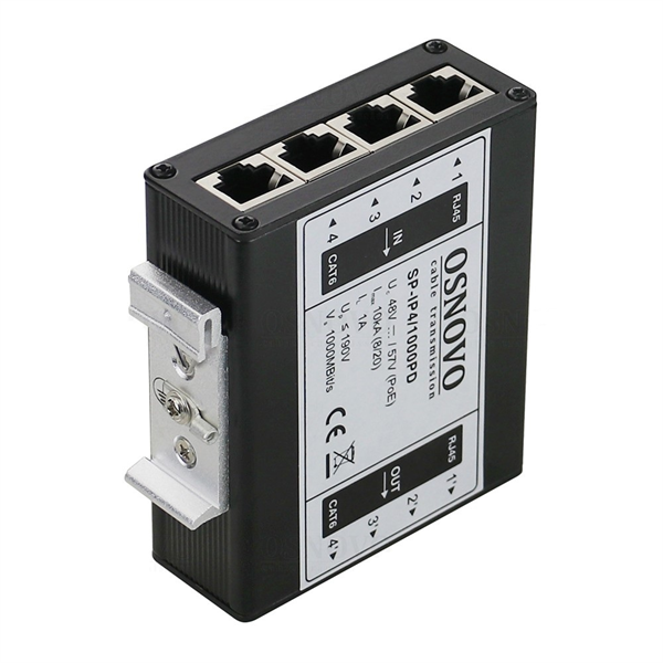 OSNOVO SP-IP4/1000PD Устройство грозозащиты для локальной вычислительной сети на 4 порта (скорость до 1000 Мбит/с) с защитой линий PoE (802.3 af/at/bt, методы A + B, контакты 1/2, 3/6, 4/5, 7/8) Двухс