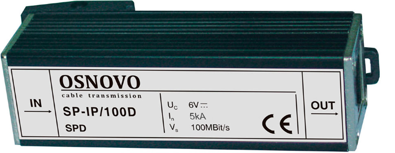 OSNOVO SP-IP/100D Устройство грозозащиты для локальной вычислительной сети (скорость до 100 Мб/с). Двухступенчатая защита. Максимальное длительное рабочее напряжение (Uс) DC6V. Номинальный ток разряда