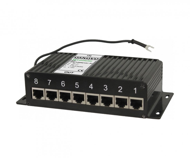 OSNOVO SP-IP8/1000(ver.2) Устройство грозозащиты для локальной вычислительной сети (скорость до 1000 Мбит/с) на 8 портов. Двухступенчатая защита. Максимальное длительное рабочее напряжение (Uc) 6V. Но