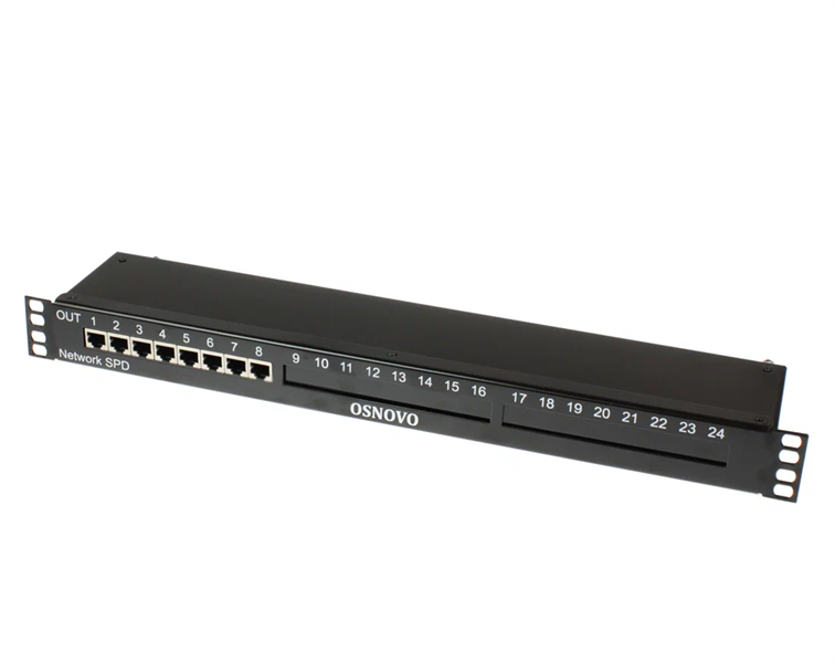 OSNOVO SP-IP8/1000PR 1U устройство грозозащиты для локальной вычислительной сети на 8 портов (скорость до 1000 Мб/с) с защитой линий PoE (af/at, методы A + B, контакты 1/2, 3/6, 4/5, 7/8). Двухступенч