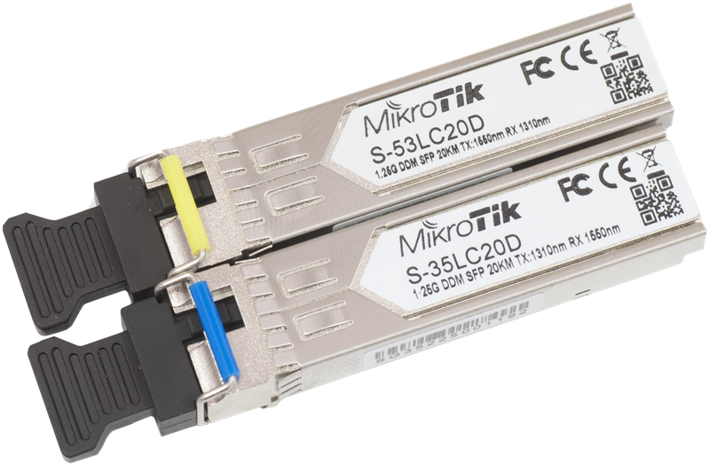 MikroTik Pair of SFP modules, S-35LC20D (1.25G SM 20km T1310nm/R1550nm, Single LC-connector) + S-53LC20D (1.25G SM 20km T1550nm/R1310nm, Single LC-connector)