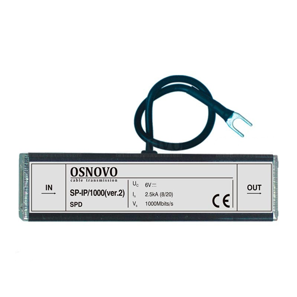 OSNOVO SP-IP/1000(ver.2) Устройство грозозащиты для локальной вычислительной сети (скорость до 1000 Мб/с), 1 вход (RJ45-мама), 1 выход (RJ45-мама). Максимальное рабочее напряжение 6V. Номинальный ток