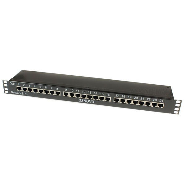 OSNOVO SP-IP24/1000PR 1U устройство грозозащиты для локальной вычислительной сети на 24 порта (скорость до 1000 Мб/с) с защитой линий PoE (af/at, методы A + B, контакты 1/2, 3/6, 4/5, 7/8). Двухступен