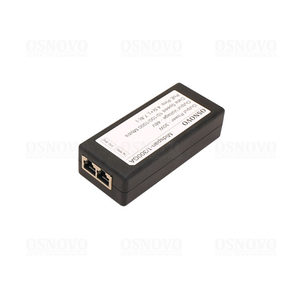 OSNOVO Midspan-1/300GA PoE-инжектор Gigabit Ethernet на 1 порт, мощностью до 30W. Совместим с оборудованием PoE IEEE 802.3af/at. Мощность PoE на порт - до 30W. Напряжение PoE - 48V(конт. 4,5(+), 7,8(-