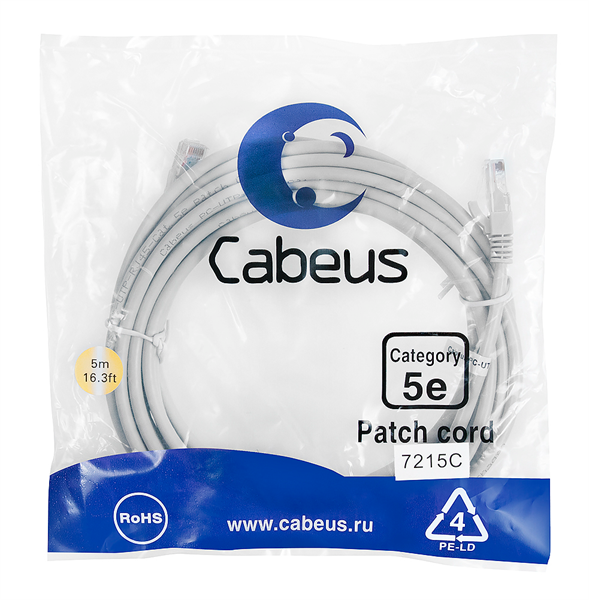Cabeus PC-UTP-RJ45-Cat.5e-5m Патч-корд U/UTP, категория 5е, 2xRJ45/8p8c, неэкранированный, серый, PVC, 5м