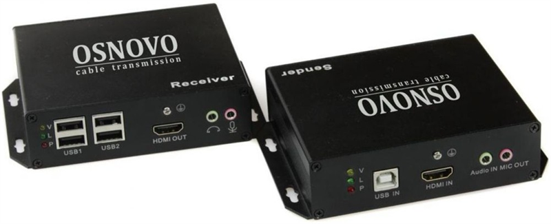 OSNOVO TLN-HiKMA/1+RLN-HiKMA/1 Комплект для передачи HDMI, USB, RS232, ИК-управления и аудио по сети Ethernet. Расстояние передачи "точка-точка" до 120м. Разрешение 4Kx2K(3840x2160, 30Гц) с поддержкой