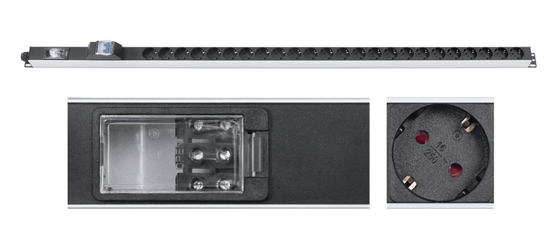Cabeus PDU-32-24S-B-T Блок распределения питания для 19" шкафов, вертикальный, 24 розетки Schuko, 32А, автомат защиты, алюминиевый корпус, клеммная колодка