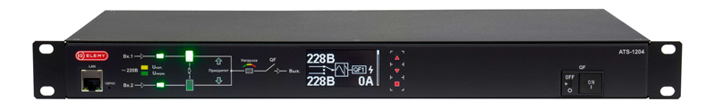 ELEMY ATS, 1U, 220B, 16A, Индикация: OLED-дисплей, Мониторинг: WEB, SNMP, Modbus-TCP, Вход (2) C20, Выход (1) C19 (9) C13 (аналог: AP4423, AP4423A)