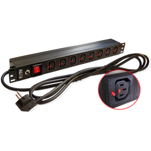 Блок розеток 19, 1-фазный с выключателем,10A / 250V, 8xC13 с фиксатором вилки, шнур 3.0 м, вилка Schuko